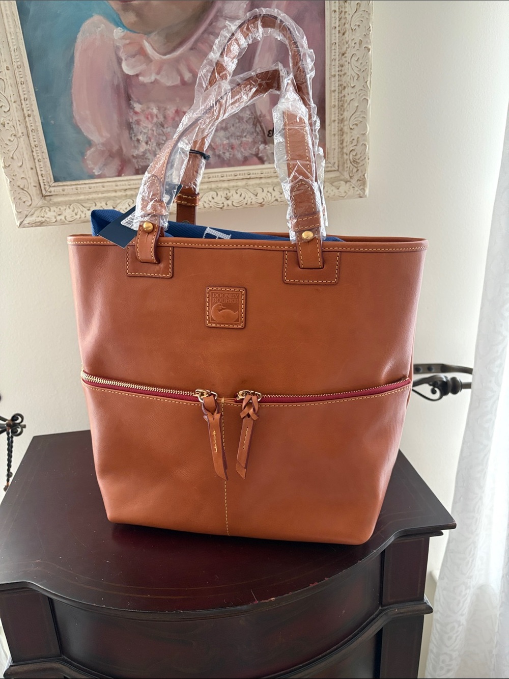 Dooney & Bourke Brown Leather Zip-Front Tote with Blue Lining